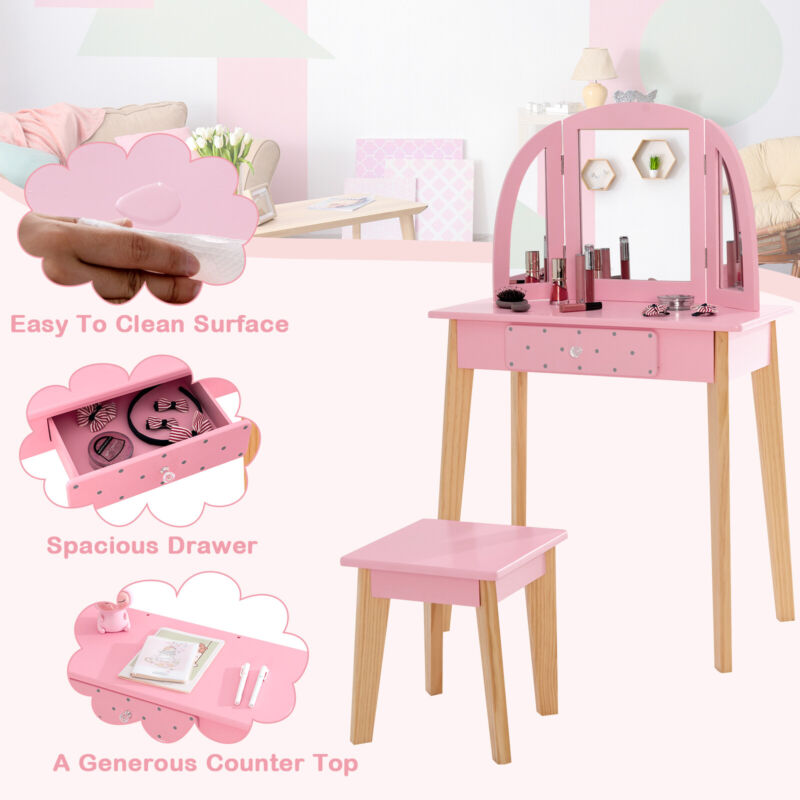 Kids Dressing Table and Stool Set Girls Vanity Table with Tri-Folding Mirror