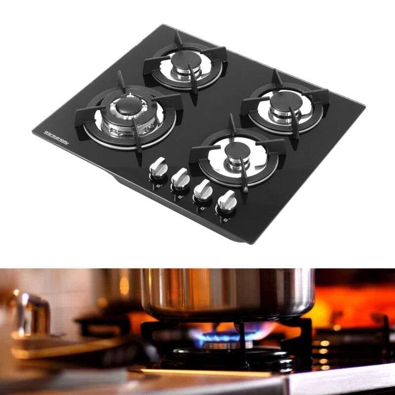 Built In 2/4/5 Burner Black Glass On Gas Wok Burner Hob With Cast Iron Pan Stand