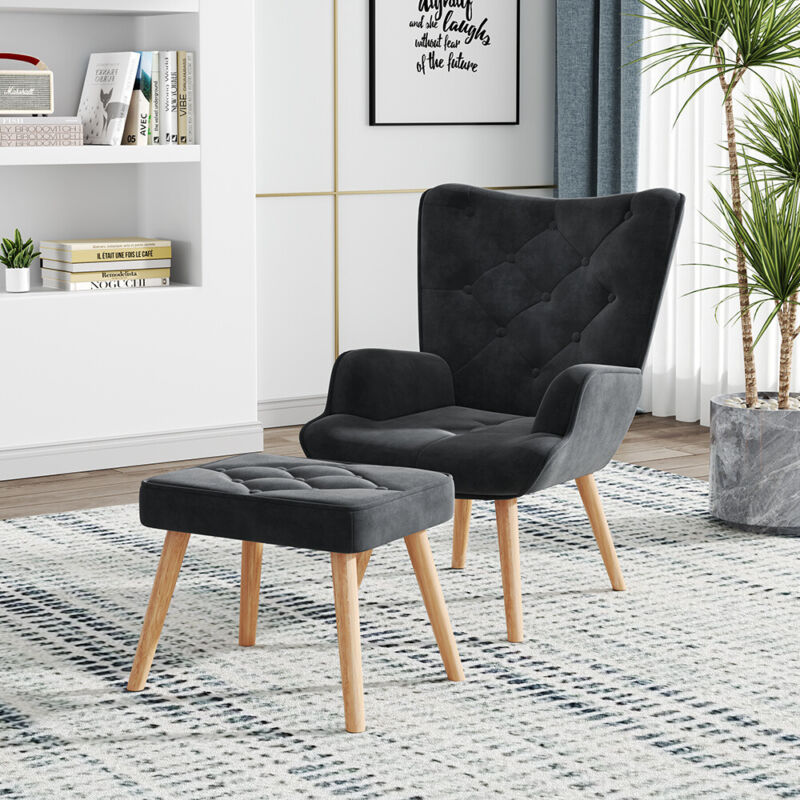 Upholstered Velvet Single Sleeper Sofa Recliner Home Cinema Armchair with Stool