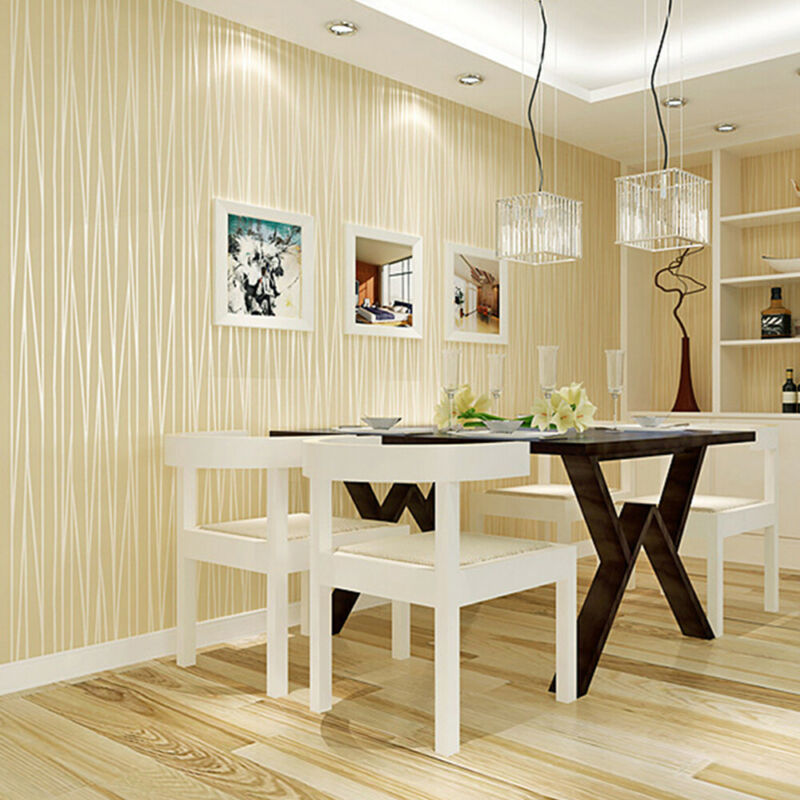 Beige Glitter Textured Wallpaper Non Woven Flocking Vertical Stripes Wallpaper