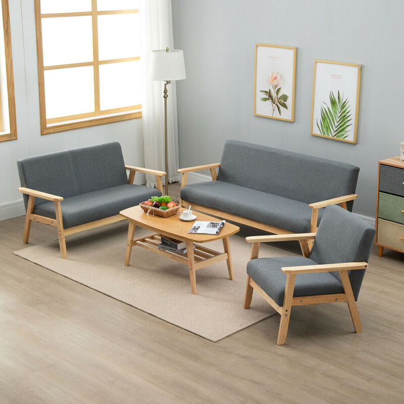 Modern 3 Seaters Sofa Armchair Wood Frame Padded Seat Linen Fabric Grey Home BN