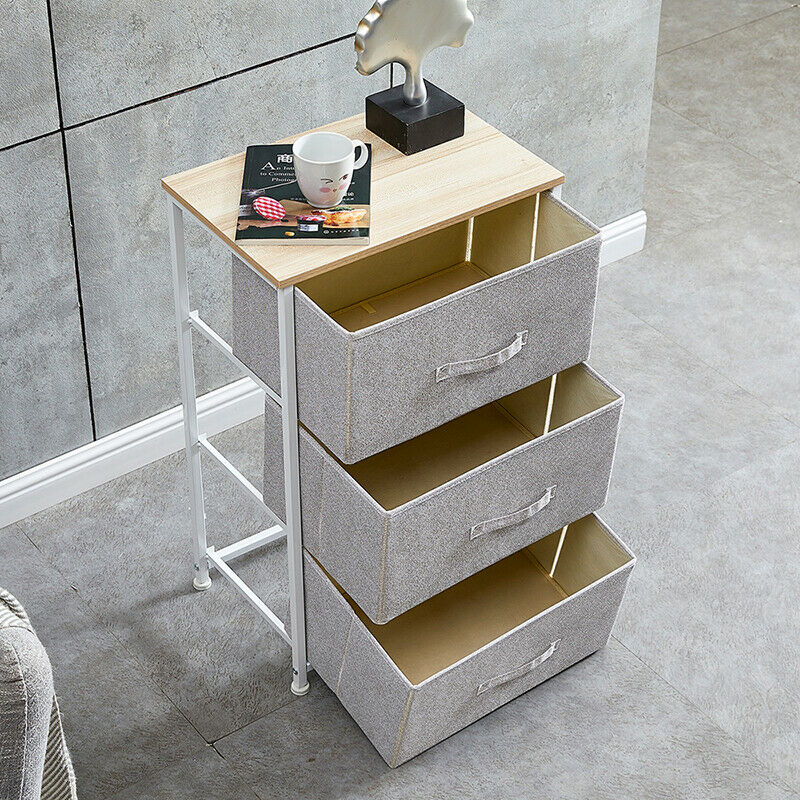 Fabric 3 Chest Of Drawer Grey Side Table Storage Cabinet Unit Organiser Bedroom