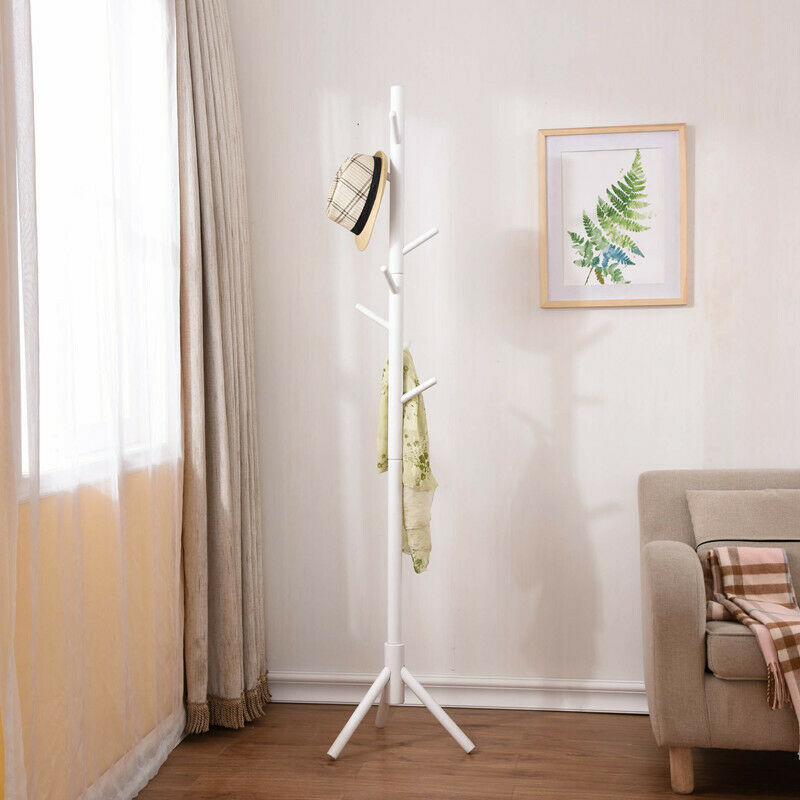 Beech Wooden Standing Coat Rack 8 Hooks Wood Tree Stand Coat Hat Handbag Rack