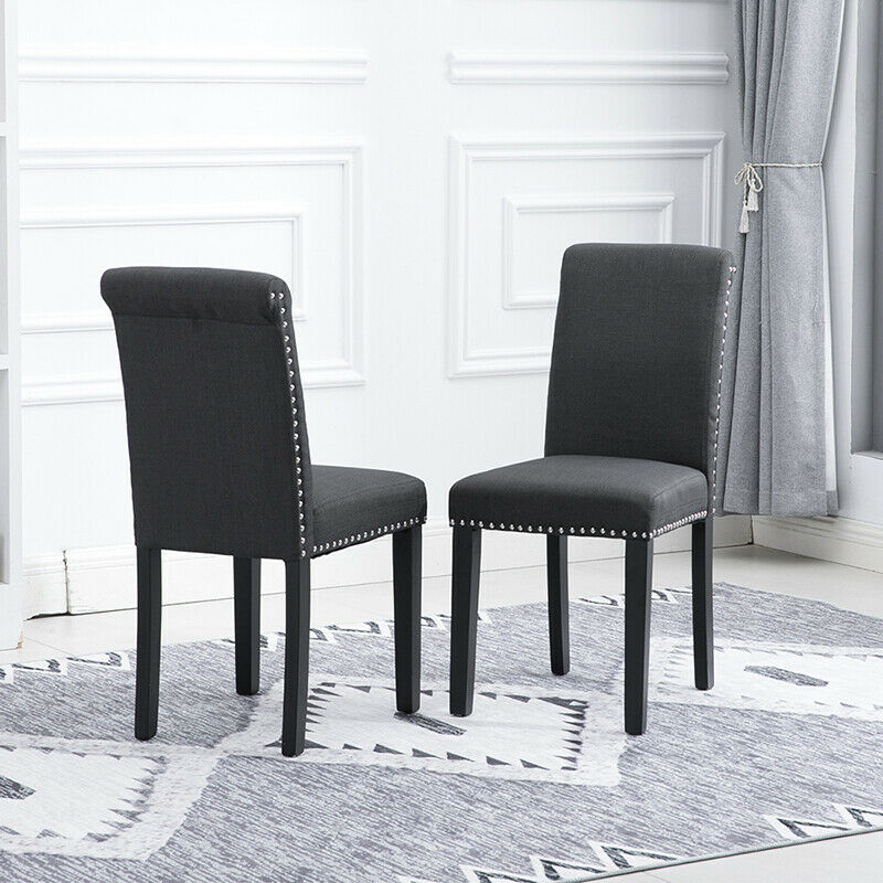 2x Dark Grey Dining Chairs Upholstered Fabric with Rivets Wood Legs Diningroom