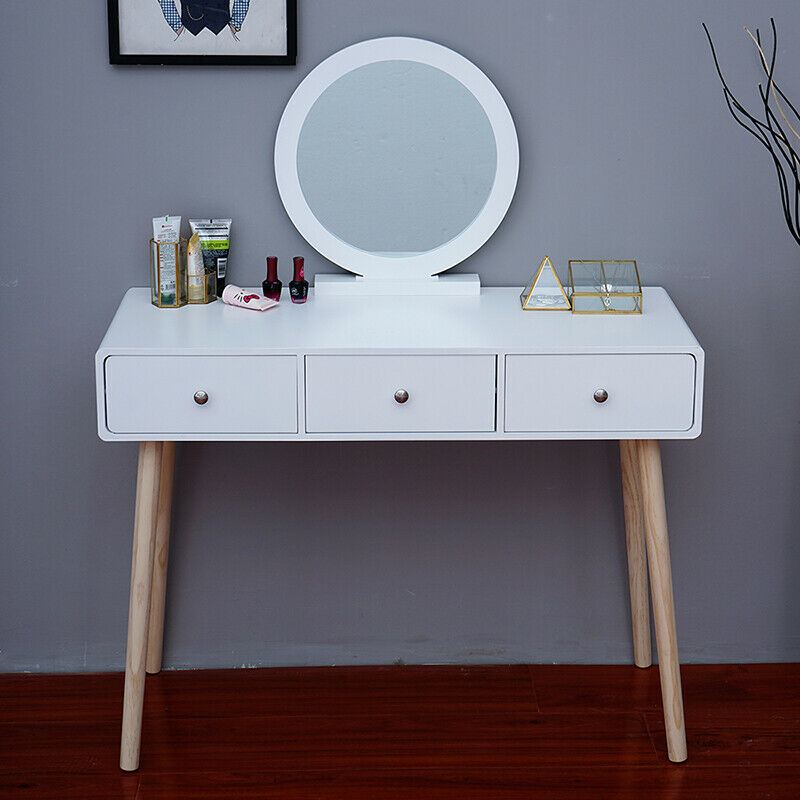 Modern Dressing Table Makeup Desk w/Drawer Round Mirror Stool White Bedroom BN