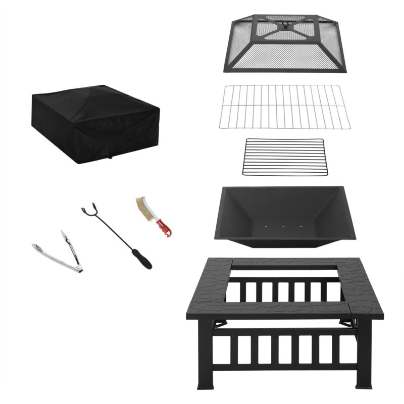 3-in-1 Fire Pit BBQ Firepit Brazier Outdoor Garden Brazier Square Table Stove