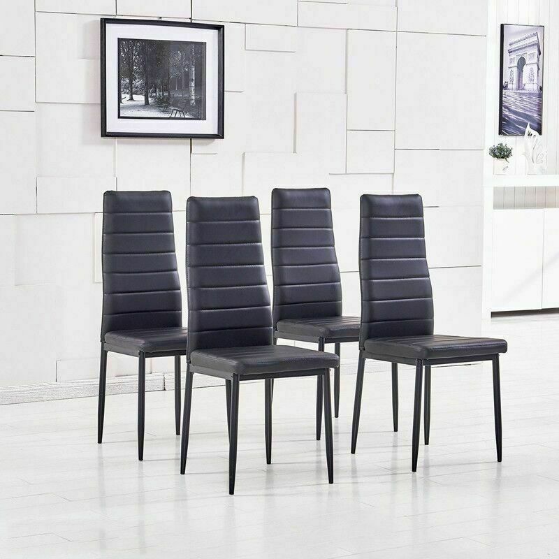 4pcs Black Faux Leather Dining Chairs Kitchen Dinning Room Metal Leg Padded Seat
