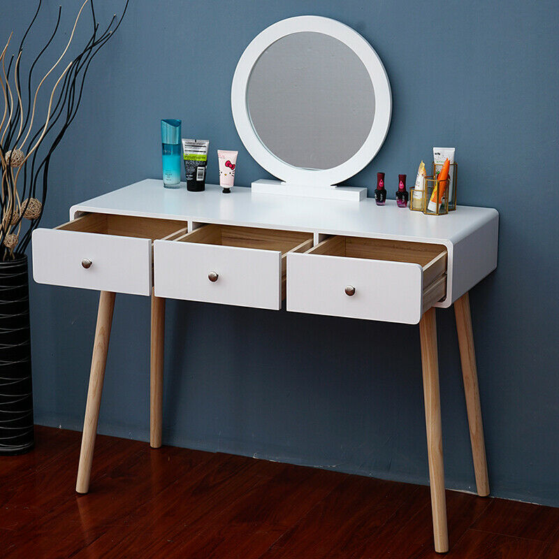 Modern Dressing Table Makeup Desk w/Drawer Round Mirror Stool White Bedroom BN