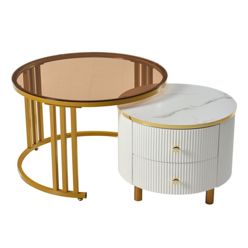 Nesting Coffee Tables Set of 2 Round Stacking Side Tables with Storage Drawers