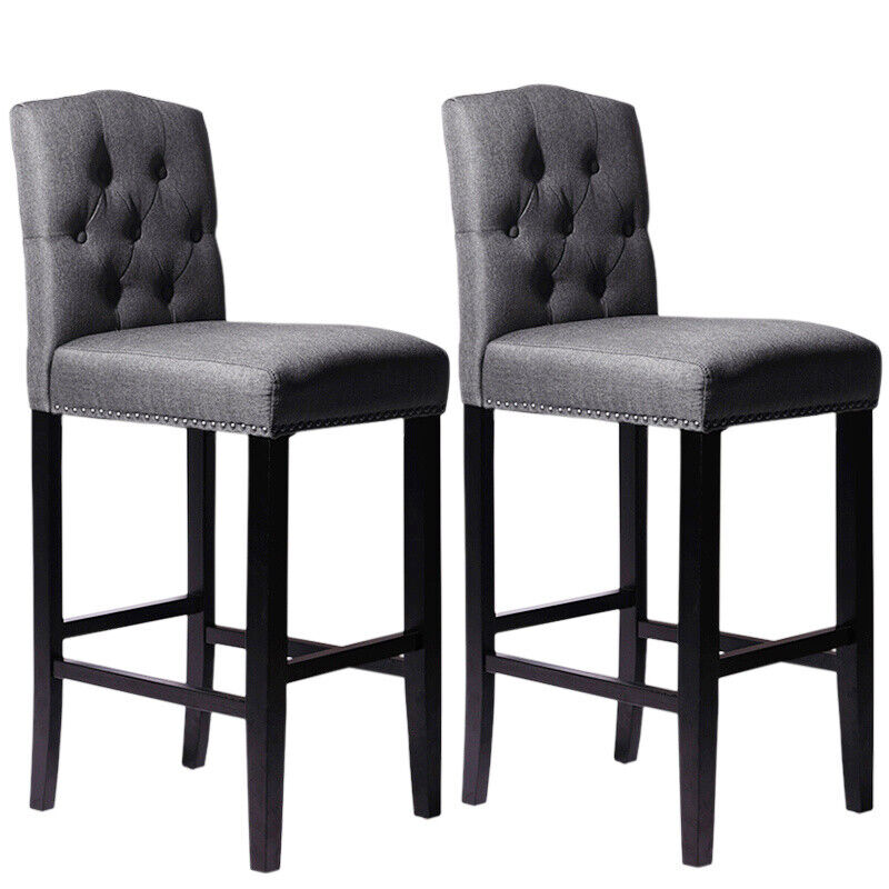 2x Grey Linen Breakfast Bar Stool Kitchen Padded Seat Barstool Button High Back