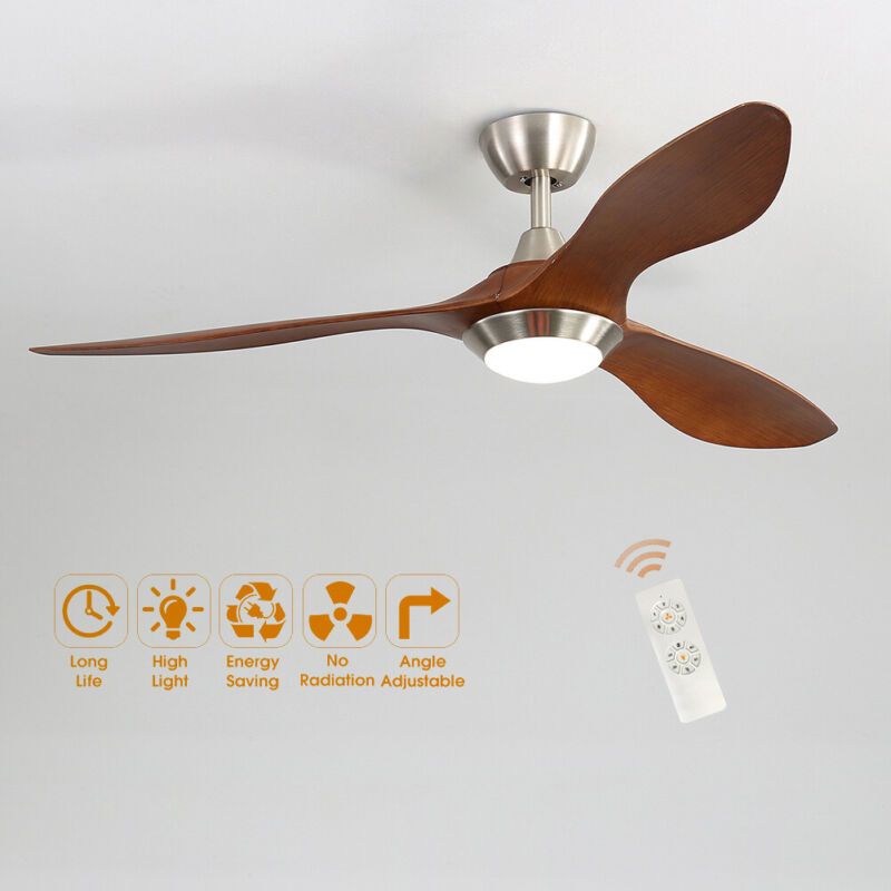 52" Oak Wood Effect Ceiling Fan With 3 Colors Light 6 Fan Speeds Timer w/Remote