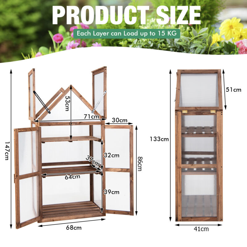 3-Tier Garden Cold Frame Portable Wooden Mini Greenhouse W/ Removable Shelves