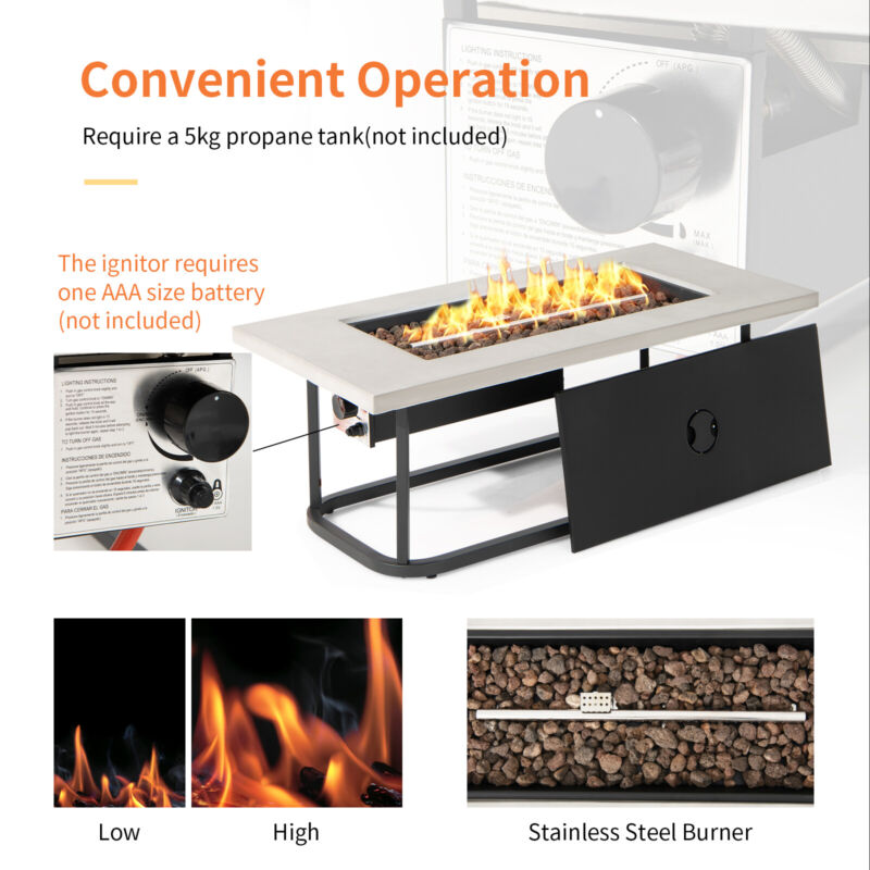 16 KW Propane Fire Pit Table Rectangular Outdoor Gas Fire Pit Stainless Steel