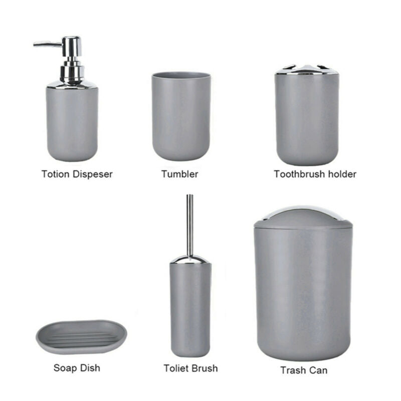 6pcs Bathroom Accessories Set Bin Soap Dispenser Toothbrush Tumbler Toilet Brush
