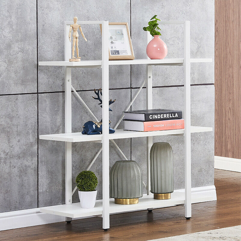 3 Tiers Bookshelf Bookcase Industrial Display Unit Storage Unit White Livingroom