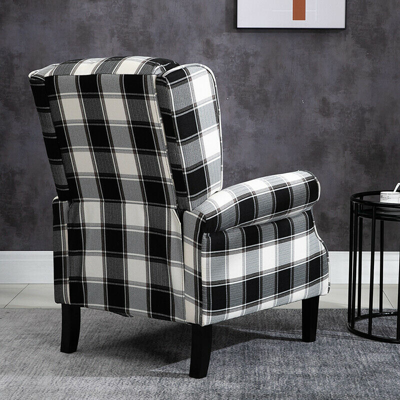 Black Check Recliner Armchair Wing Back Fireside Check Fabric Sofa Lounge Chair