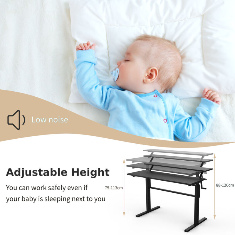 Two-Tier Sit to Standing Desk Height Adjustable Laptop Table w/Crank Handle Home