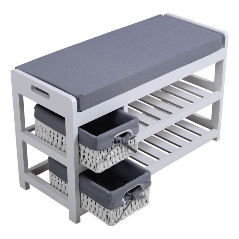 Hallway Shoe Storage Bench Entrance Ottoman Pouffe Stool with 2 Wicket Baskets