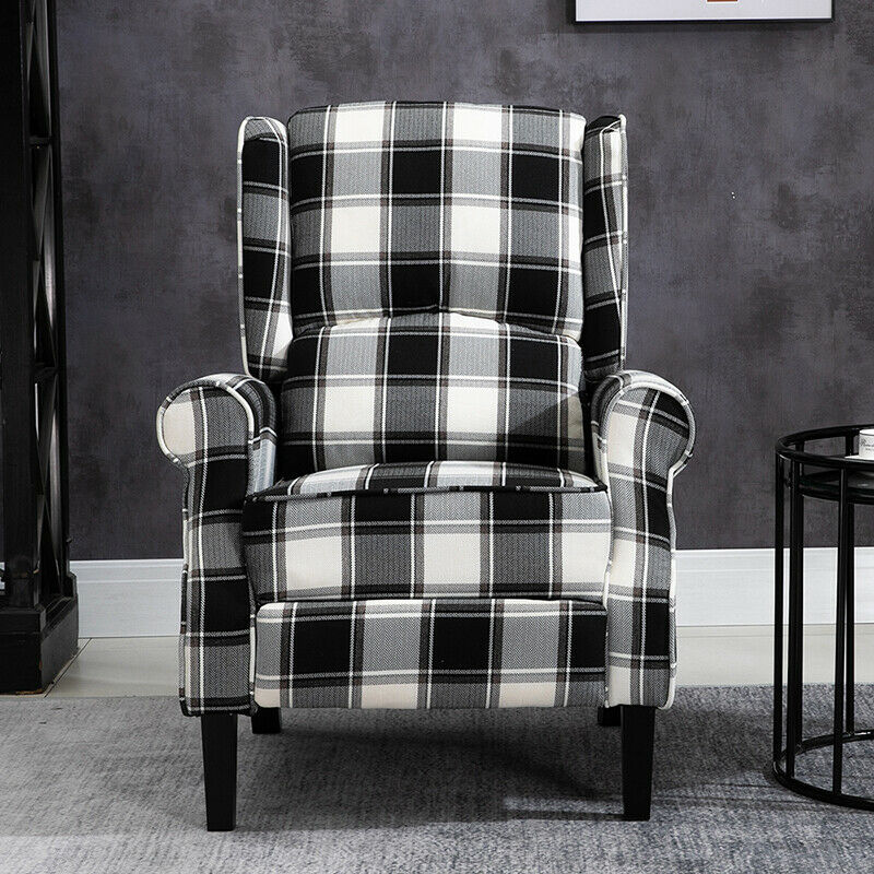 Black Check Recliner Armchair Wing Back Fireside Check Fabric Sofa Lounge Chair