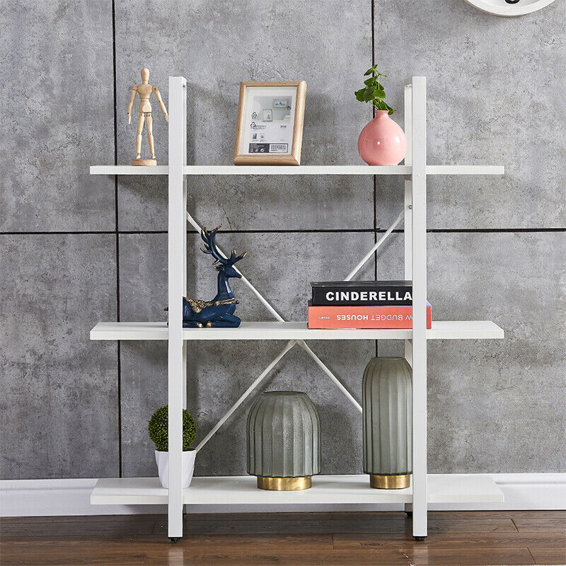3 Tiers Bookshelf Bookcase Industrial Display Unit Storage Unit White Livingroom