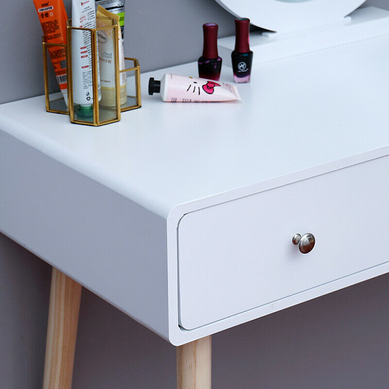 Modern Dressing Table Makeup Desk w/Drawer Round Mirror Stool White Bedroom BN