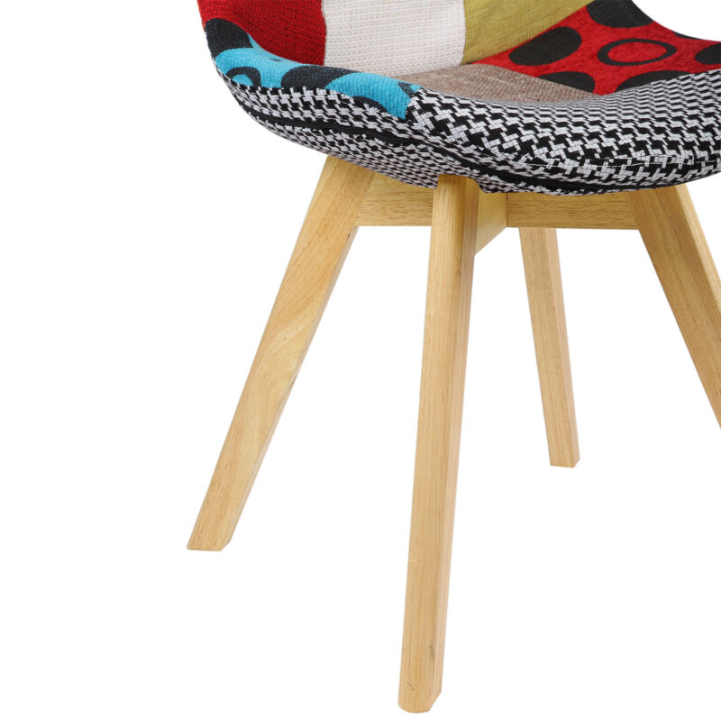 Dining Chair Patchwork Linen Padded Lounge Chair w/ Backrest Wood Legs Kitchen