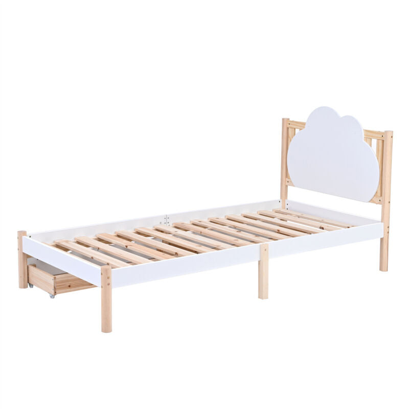 Wooden Bed Frame 3ft Single Size Kids Bed with 2 Storage Drawers Cloud Headboard