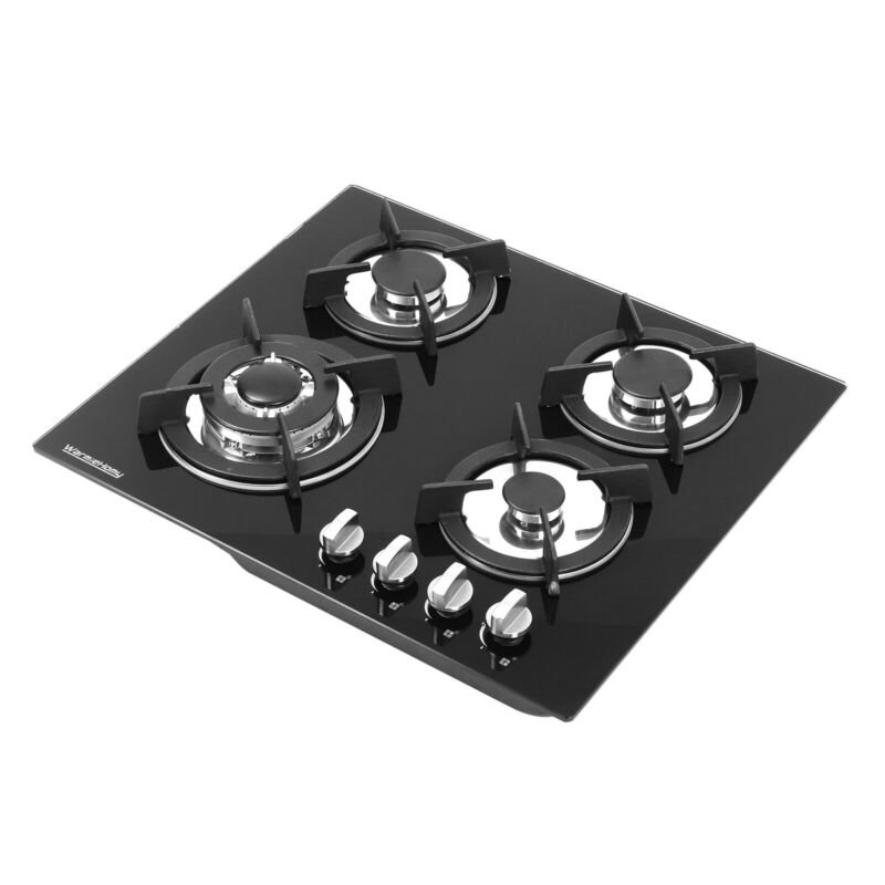 Built In 2/4/5 Burner Black Glass On Gas Wok Burner Hob With Cast Iron Pan Stand