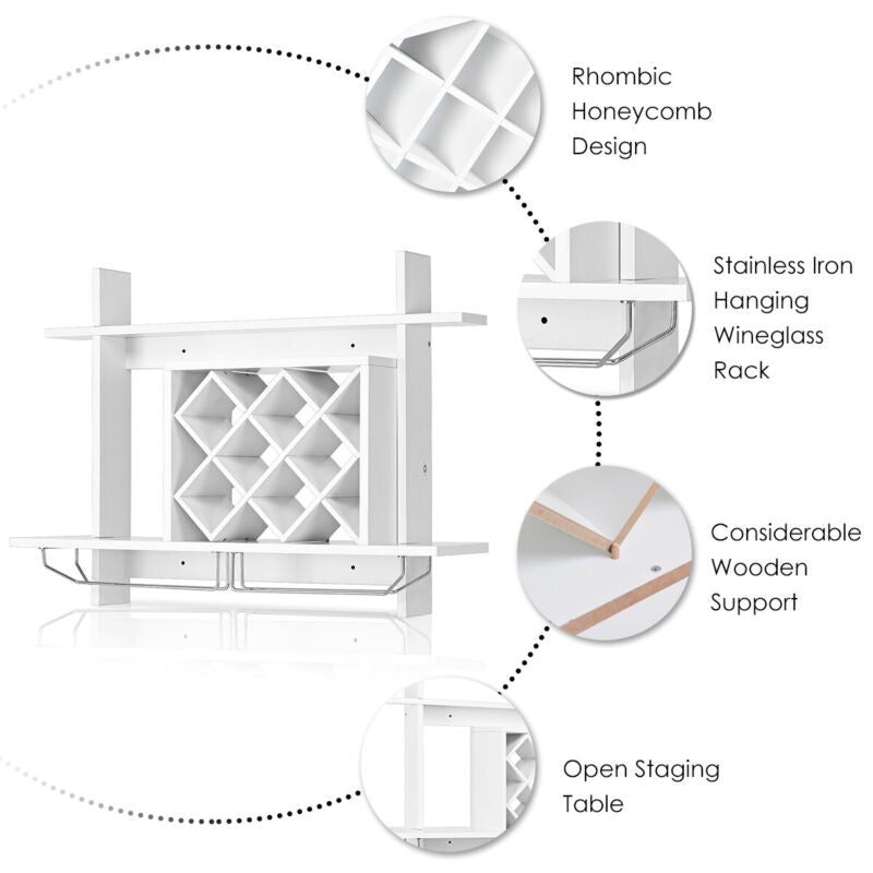 Wall-Mounted Wine Rack Wooden Wine Bottle Holder for 6 Bottles & 6 Wine Glasses