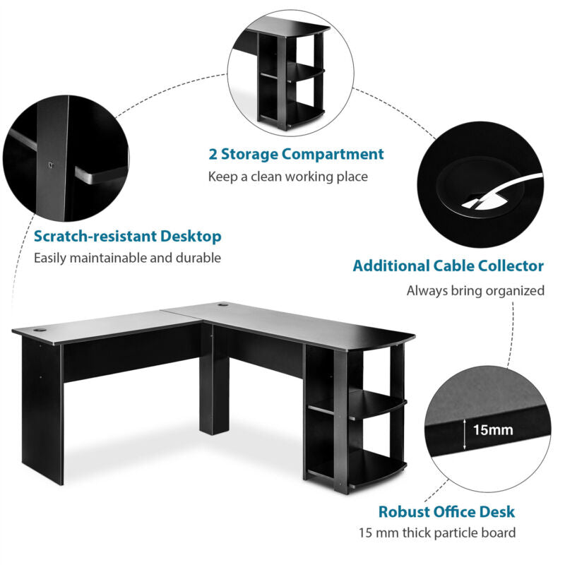 Corner Computer Table Laptop Home Study Wrokstation Desk Storage Shelves Black
