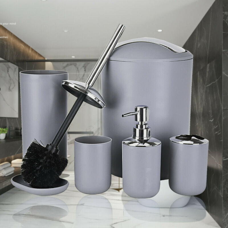 6pcs Bathroom Accessories Set Bin Soap Dispenser Toothbrush Tumbler Toilet Brush