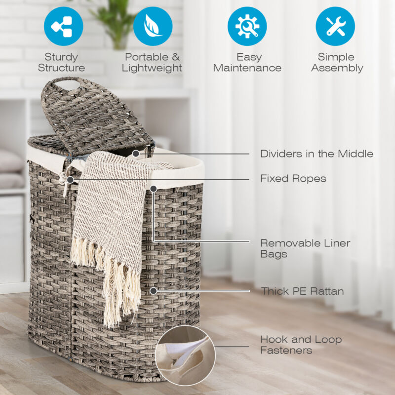 102L Handwoven Laundry Basket Divided Washing Clothes Hamper W/ Removable Liner