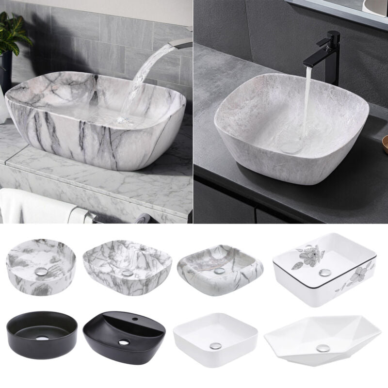 MULTI SHAPE BATHROOM CLOAKROOM COUNTERTOP CERAMIC BASIN SINK & POP UP WASTE SETS