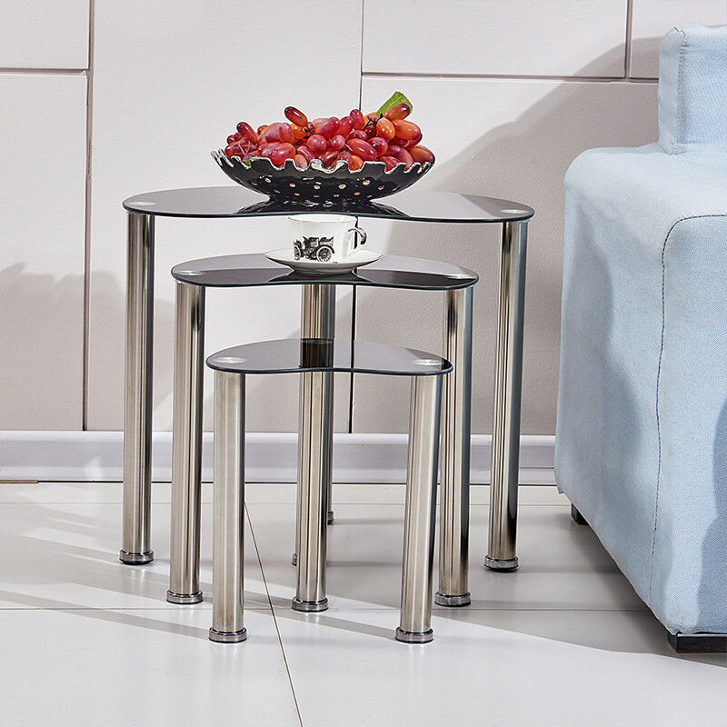 Black Glass Nest of 3 Tables Side End Corner Lamp Nested Sofa Tables Livingroom