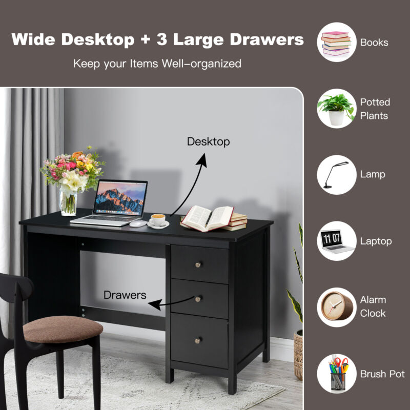 3 Drawers Computer Desk Modern Writing Desk Compact Laptop PC Table Workstation