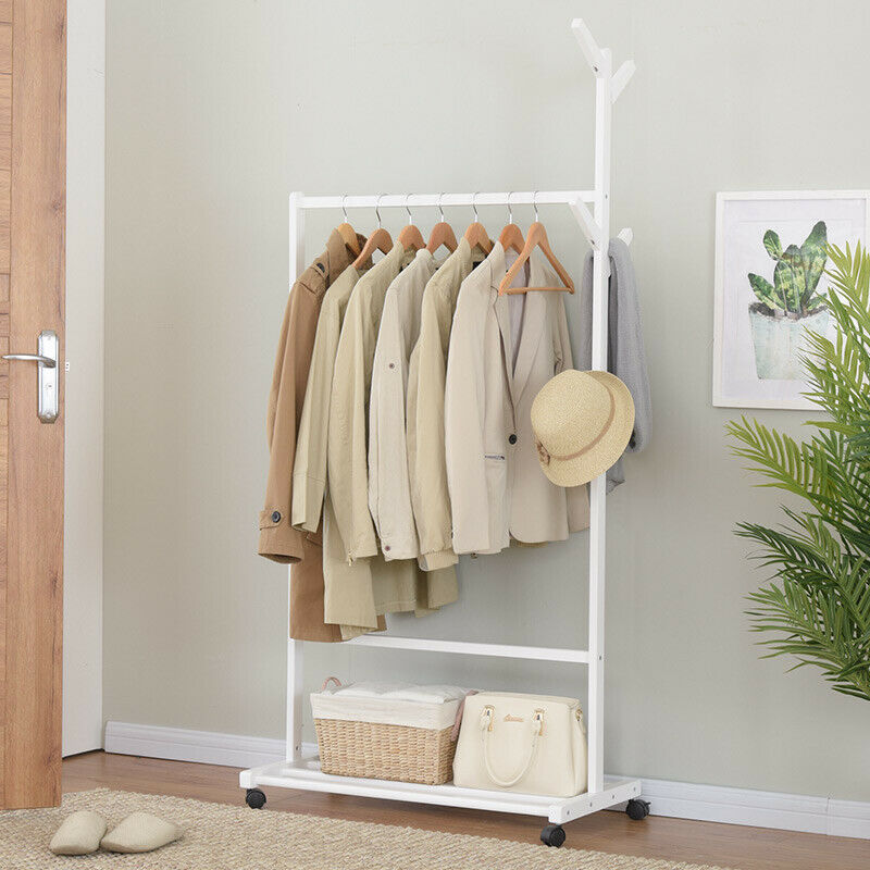Clothes Rail Rack Wooden Garment Coat Stand Hanging Storage Organizer On Wheels
