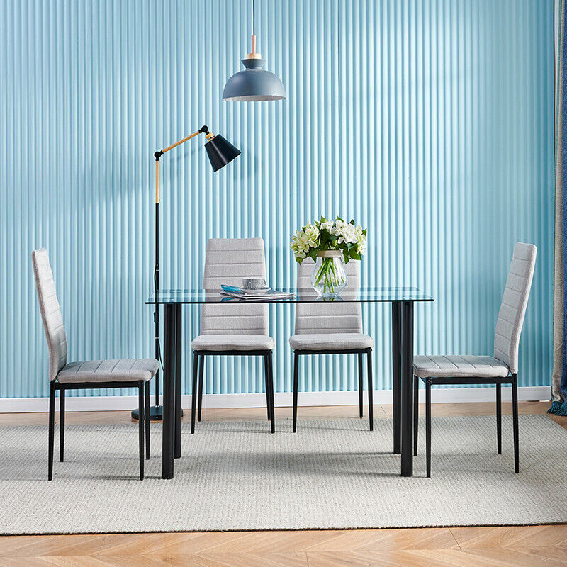 Set of 4 Grey Fabric Dining Chairs High Back Padded Seat Kitchen Dining Room BN