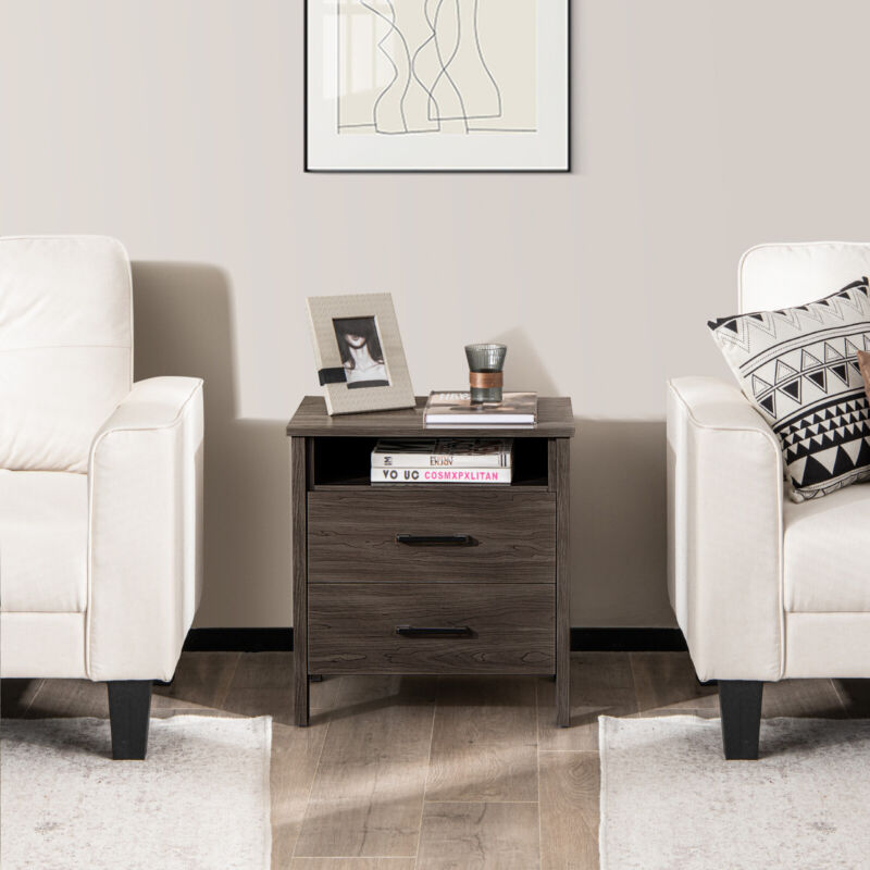 Modern Wooden Nightstand 2 Drawers Bed Sofa Side Table End Table W/ Cable Hole