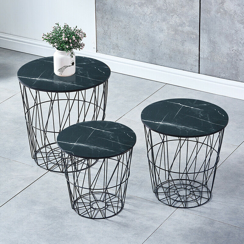Set of 3 Nested Table Side Table Storage Basket Metal Wire Black Marble Effect