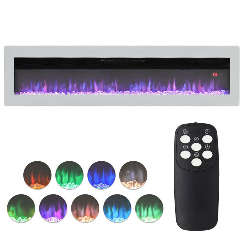 50" White Fireplace Recessed/Wall Mounted LED 9 Color Electric Fire w/Stand Legs