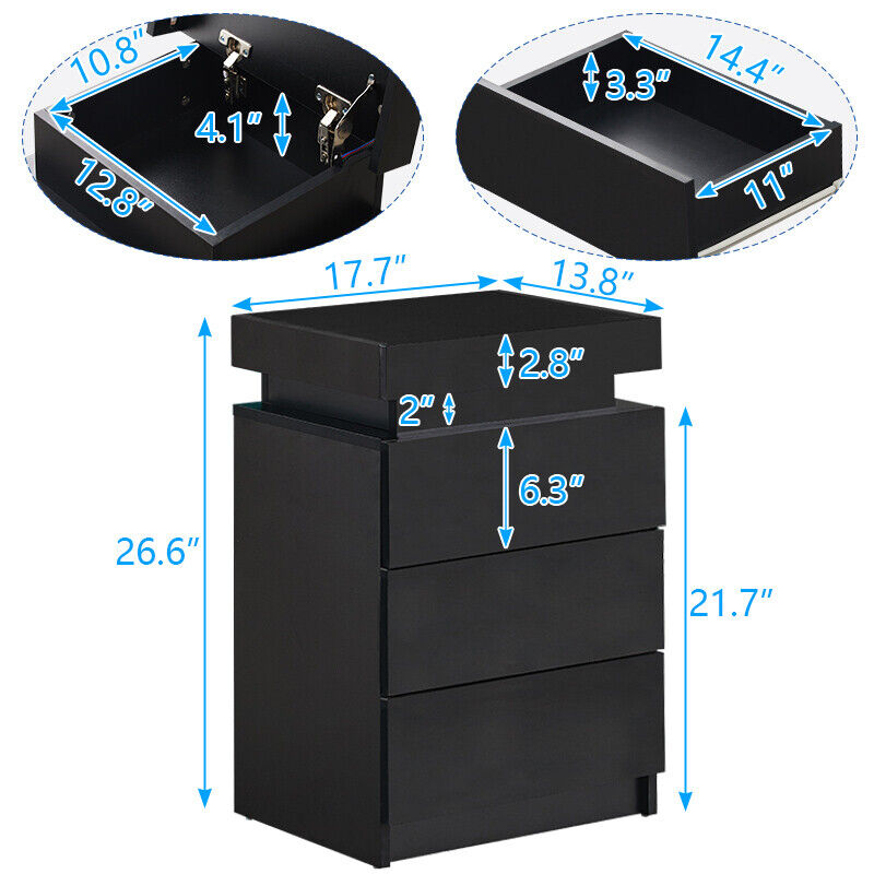 2/3 Drawers High Gloss Front Bedside Table Cabinet LED Nightstand Black/White