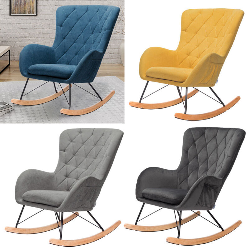 Wooden Upholstered Rocking Armchair Button Lounge Wing Back Chair Sofa Fireside