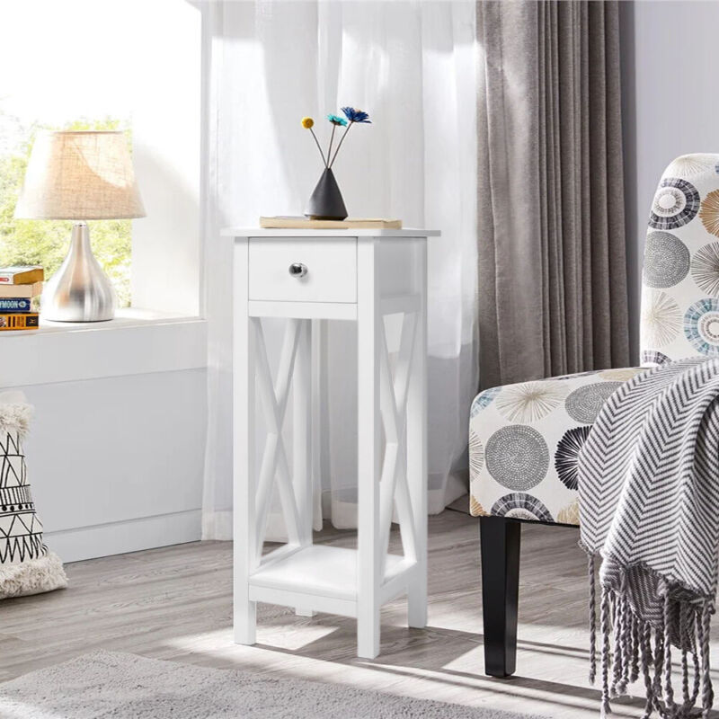 1 Drawer Slim Tall Bedside Tables White Bedroom Storage Unit Hallway End Table