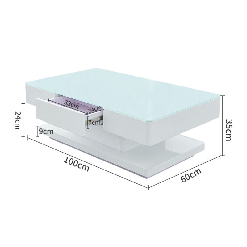 2 Drawers High Gloss 8mm Tempered Glass Coffee Table White End Table Living Room
