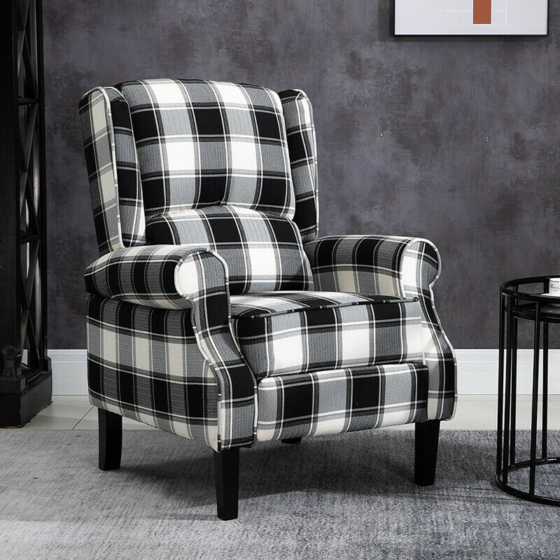 Black Check Recliner Armchair Wing Back Fireside Check Fabric Sofa Lounge Chair