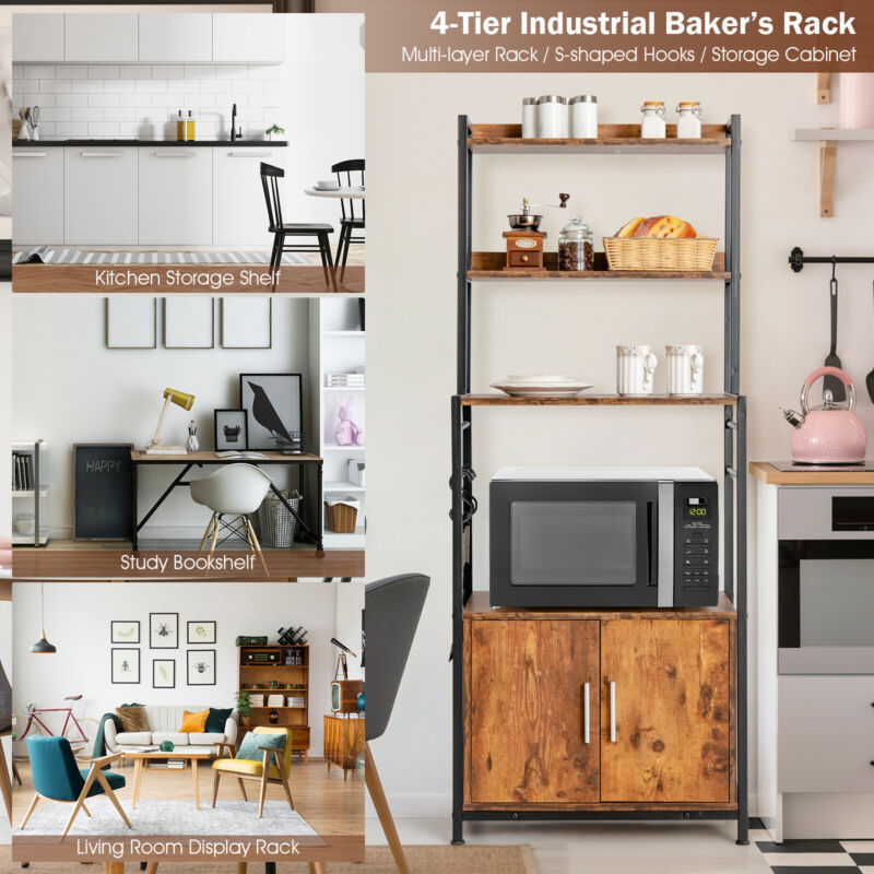 4-Tier Kitchen Baker’s Rack Industrial Storage Shelf Microwave Stand W/ 2 doors
