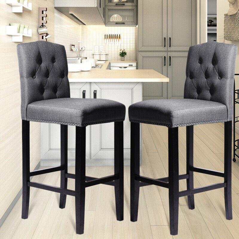 Kitchen Button Bar Stools 2x Grey Linen Breakfast Bar Stool