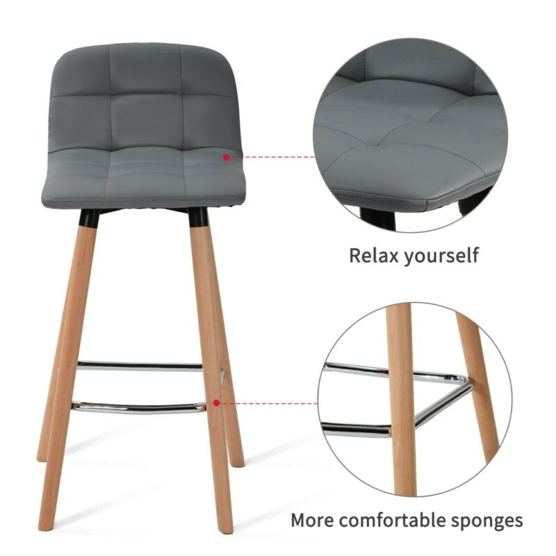 2 Pcs PU Leather Bar Stools Breakfast Stool Kitchen Pub Chairs Seat Grey