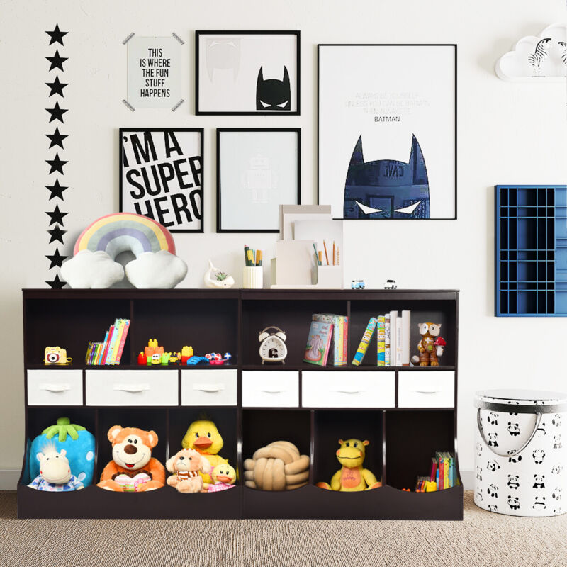 Wooden Toy Storage Cabinet Children 3-Tier Organizer Bookcase W/ 8 Open Cubes