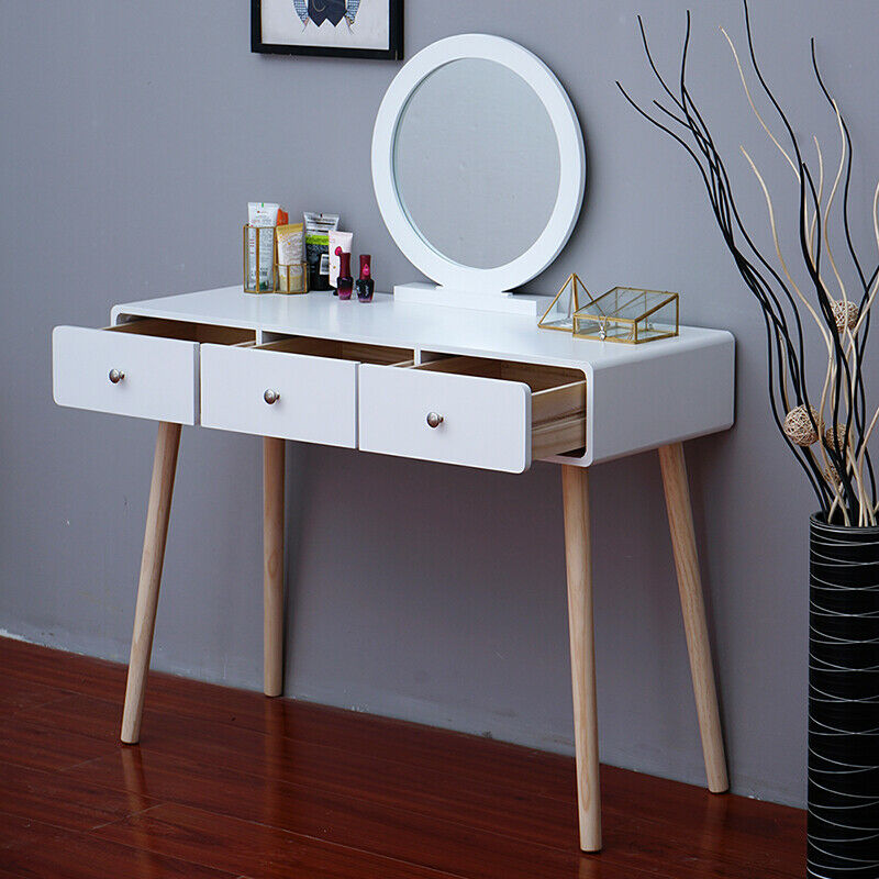 Modern Dressing Table Makeup Desk w/Drawer Round Mirror Stool White Bedroom BN